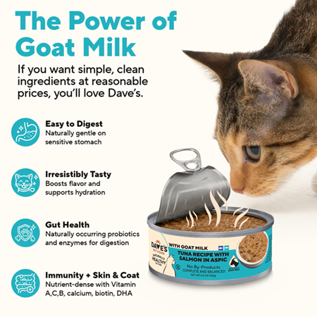 Dave's canned cat food with goat's milk — benefits infographic