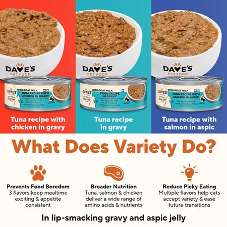 Dave's goat milk cat food — three flavor varieties