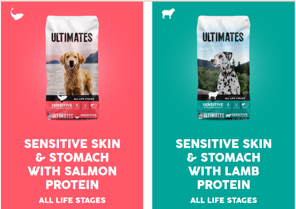 Ultimates Sensitive Skin & Stomach dog food — Salmon and Lamb recipes